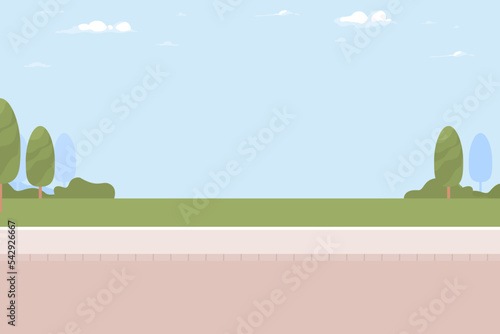 City street flat color vector illustration. Public place. Recreational park. Roadside bushes and trees. Summertime. Fully editable 2D simple cartoon landscape with road on background
