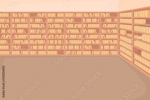 Public library flat color vector illustration. Collection of books. School books accessible for use. University materials. Fully editable 2D simple cartoon interior with bookshelves on background