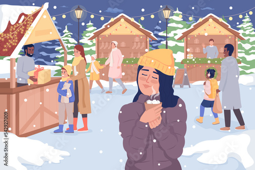 Christmas market flat color vector illustration. Girl enjoying hot chocolate. Xmas holiday. Winter season. Fully editable 2D simple cartoon characters with festive Christmas atmosphere on background