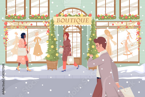 Christmas shopping flat color vector illustration. Xmas holiday. Winter season. Fully editable 2D simple cartoon characters with festive New Year atmosphere on background. Tapestry Regular font used