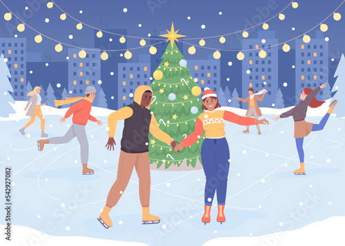 Christmas skating rink flat color vector illustration. Xmas holiday. Winter season. Skating enthusiasts. Fully editable 2D simple cartoon characters with festive Christmas atmosphere on background