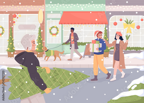 Street decorated for Christmas flat color vector illustration. Xmas holiday fuss. Winter season. Fully editable 2D simple cartoon characters with festive Christmas atmosphere on background