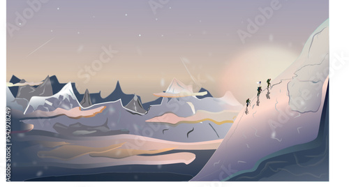 Climbers climb the top of the mountain at dawn