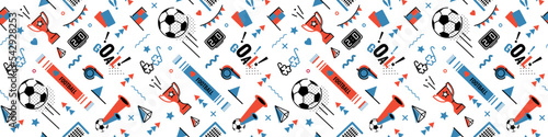 Soccer, football abstract horizontal background in 80s memphis style. Seamless memphis pattern for posters and cards. Vector illustration