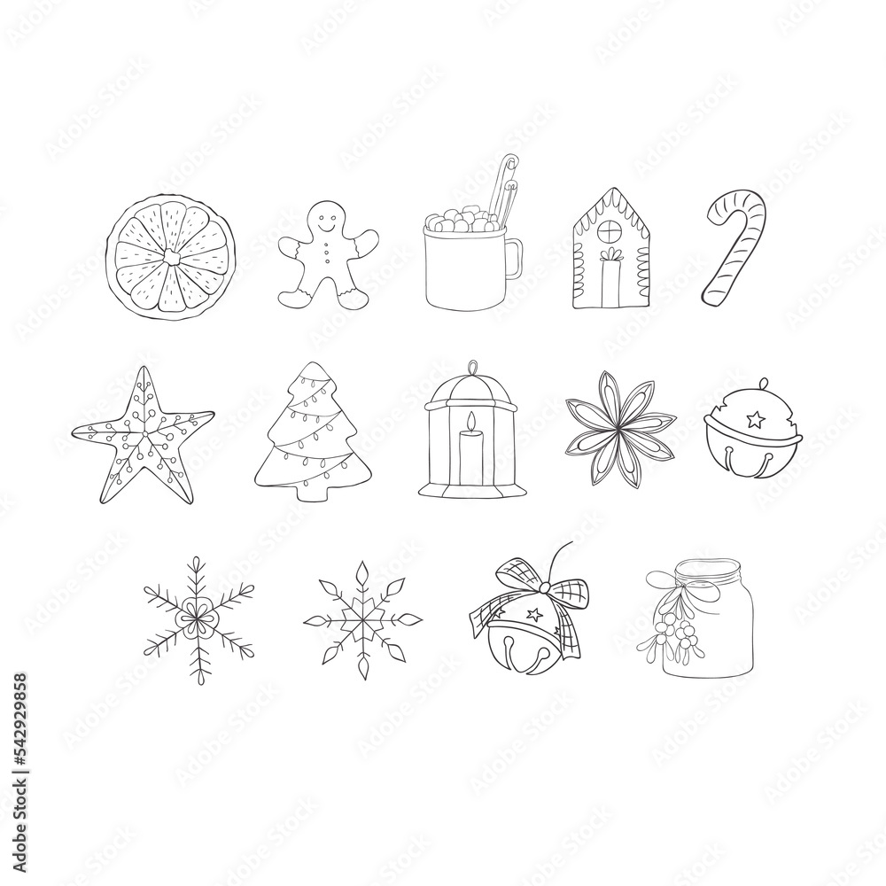 Hand drawn Christmas Elements. Decoration and Food. Vector.