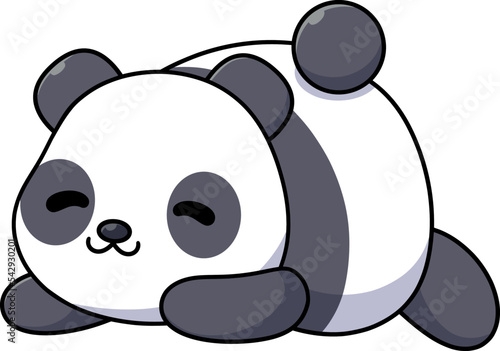 Cute kawaii panda cartoon character smiling and lying on the ground on a white background