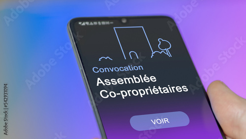 Canvastavla Assemblée co-propriétaire regarde sur son téléphone la convocation de l'assemblée générale de l'immeuble