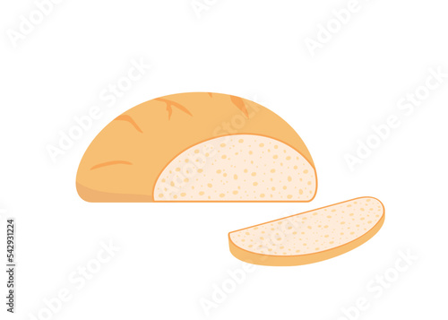 Pastry bread from wheat, bakery food, bun. Circle loaf with cut slice. Vector illustration