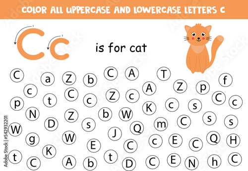 Find and color all letters C. Educational worksheet for learning alphabet.
