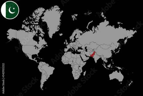 Pin map with Pakistan flag on world map. Vector illustration.