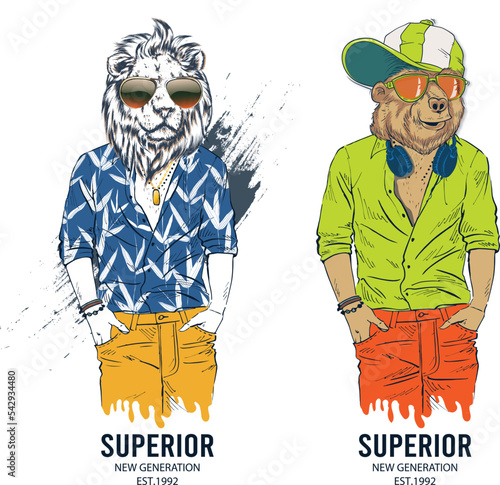 Funny animal glasses and headphones. VECTOR ARTWORK WITH EDITABLE LAYERS. Hipster dog and lion.