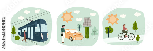 Set of eco sustainable transport and people concept. Man going to tram, woman charging electro car, girl cycling on bicycle. ESG flat vector illustration