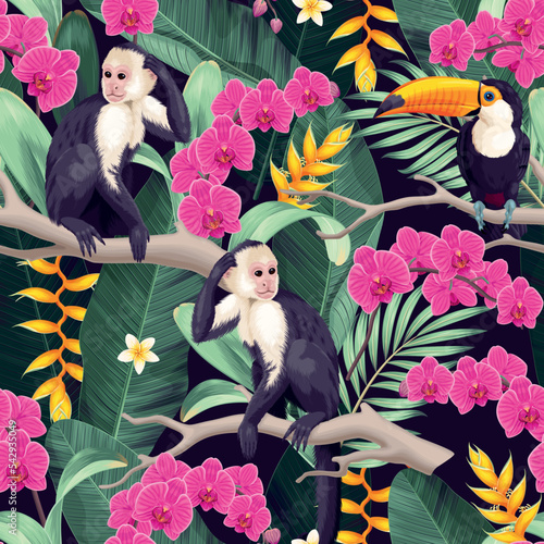 Seamless pattern with exotic flowers and animals