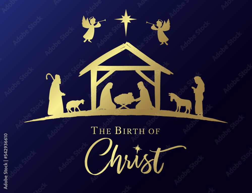 The Birth of Christ, Christmas nativity scene golden card. Mary, Joseph