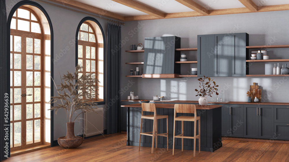 Rustic wooden kitchen in gray and beige tones with island and stools. parquet, shelves and cabinets. Farmhouse interior design Rustic wooden kitchen in gray and beige tones with island and stools. parquet, shelves and cabinets. Farmhouse interior design