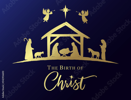 The Birth of Christ, Christmas nativity scene golden card. Mary, Joseph, baby Jesus in manger and shepherd in silhouette with angels and Bethlehem star. Vector illustration