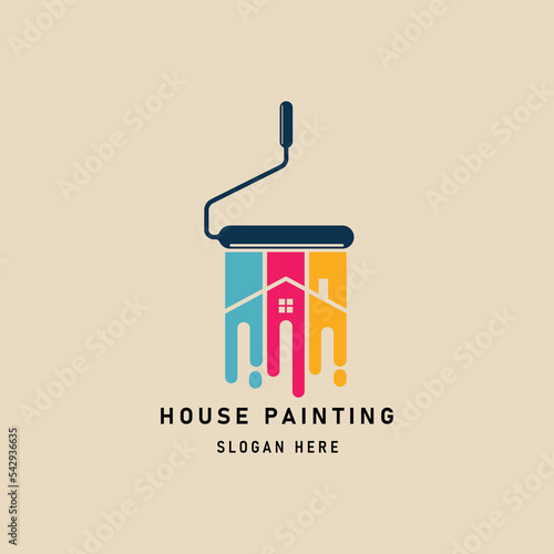 house painting vintage logo with brush roller vector illustration design