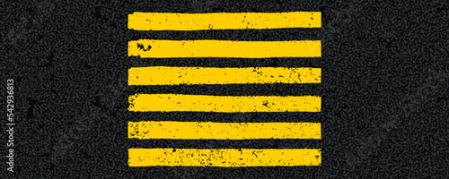 Yellow crosswalk on tarmac road top view. Zebra traffic mark for pedestrian walk vector illustration. Background with old paint texture on asphalt surface. Roadway seamless pattern.