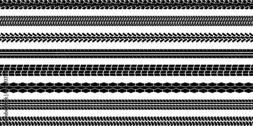 Set of black motorbike tire tread print isolated on white background. Footprint of bike or car wheels with seamless texture. Top view of rubber protector marks on asphalt. Vector brush