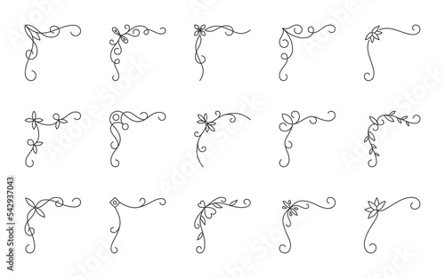Black vintage corner set on white. Thin line elegant retro victorian decorative art element for wedding invitation, greeting card. Classic doodle floral swirl pattern corners for decoration design