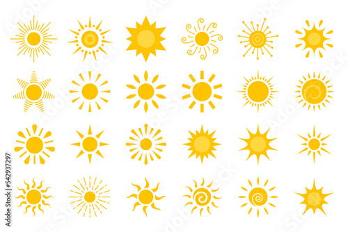 Sun flat icon set. Various yellow sunshine star. Cartoon summer sunlight nature sky. Simple graphic solar circle sign. Sunny heat rays weather app symbol. Logotype sunrise sunset isolated on white.