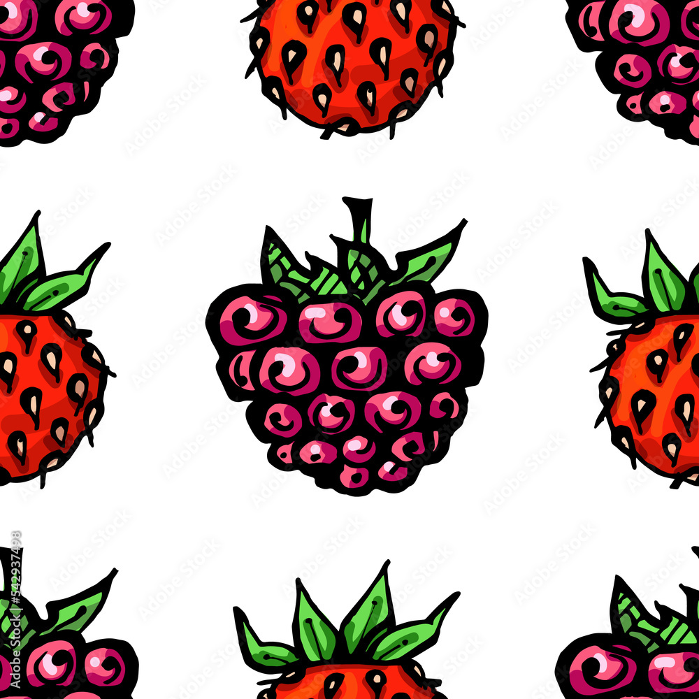 Seamless pattern with colored hand drawn raspberry and wild strawberry. Suitable for packaging, wrappers, surface and fabric design. PNG illustration Seamless pattern with colored hand drawn raspberry and wild strawberry. Suitable for packaging, wrappers, surface and fabric design. PNG illustration