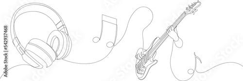 Continuous drawing of headphones, guitar player and notes. Listening to music concept. Vector illustration.