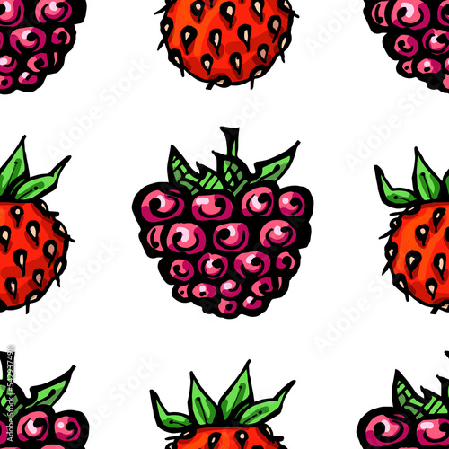 Seamless pattern with colored hand drawn raspberry and wild strawberry. Suitable for packaging, wrappers, surface and fabric design. PNG illustration