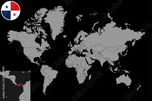 Pin map with Panama flag on world map. Vector illustration.