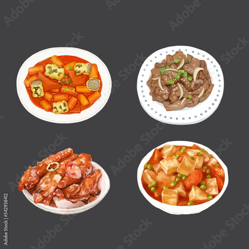 Set of Traditional Korean Food Watercolor Vector Illustration.