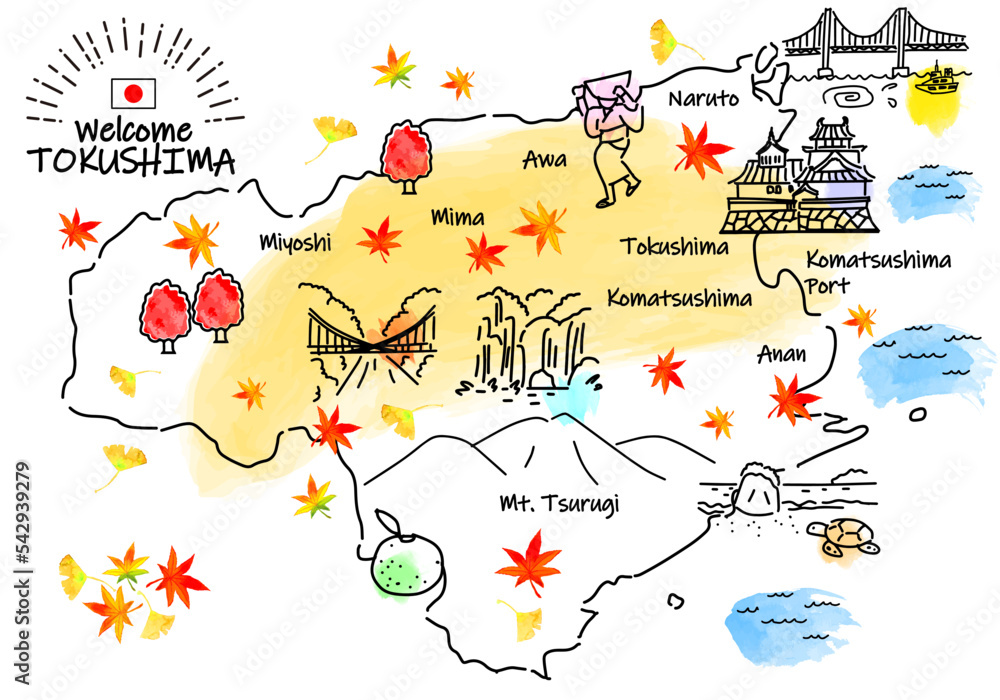 秋の徳島県の観光地シンプル線画イラストマップ