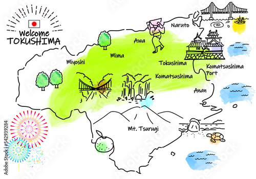 手書きの徳島県の観光地シンプル線画イラストマップ