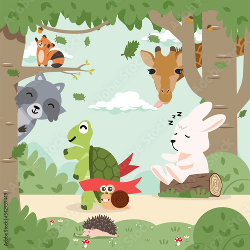 Cartoon the hare and the tortoise run at forest