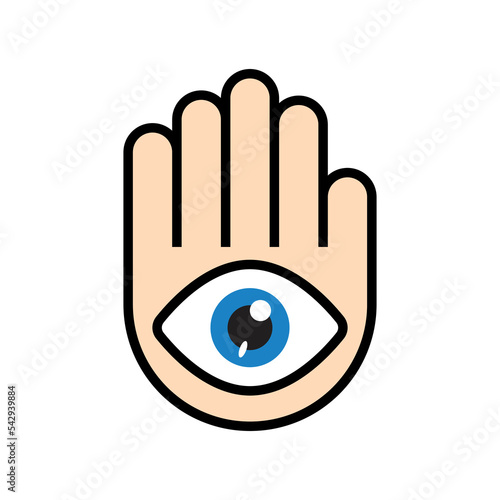 Palm hand with eye inside. Abstract simple vector icon, logo and illustration.