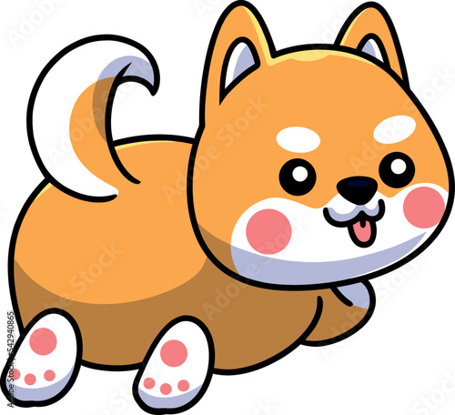 Cute kawaii dog cartoon character looking back with a happy expression on a white background