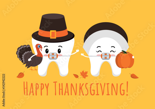 Thanksgiving tooth in braces in pilgrim hat with pumpkin and turkey in hand. White teeth in carnival costume - dental character for dentist card. Flat design cartoon style vector illustration.