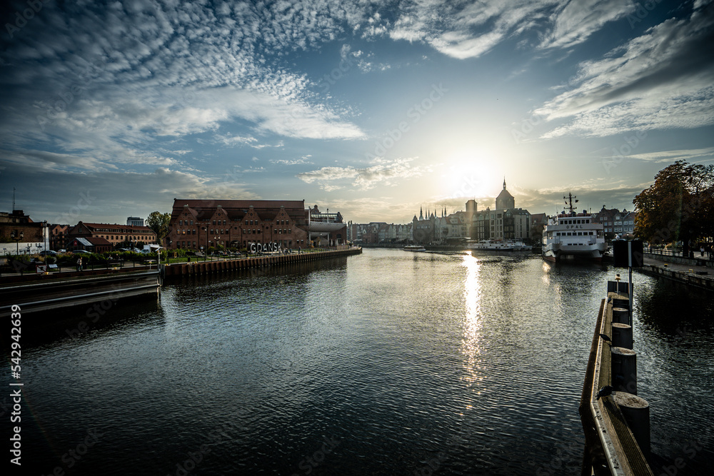 Panorama of Gdańsk, a beautiful view of the sunset