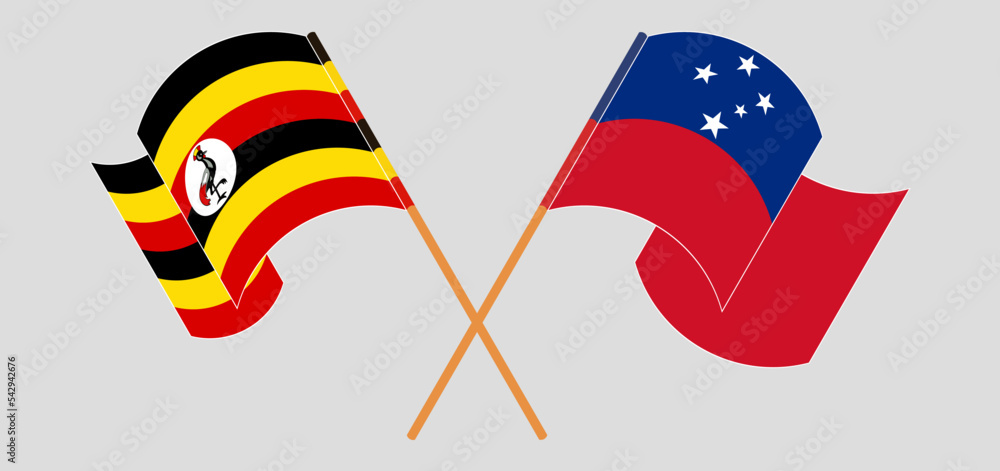 Crossed and waving flags of Uganda and Samoa