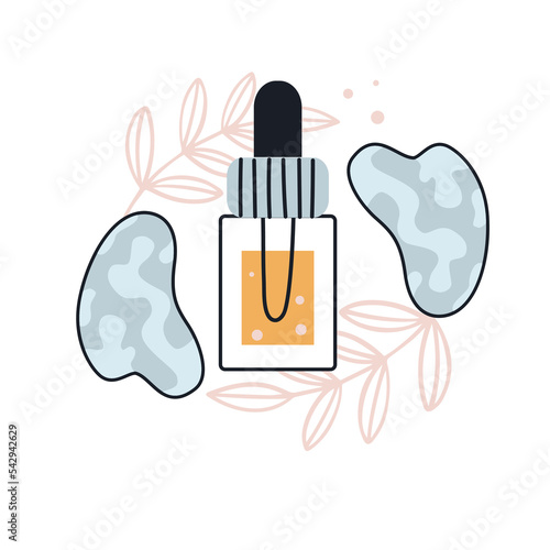 Gua sha or jade scraper face beauty elixir serum. Beauty routine, everyday skincare, anti-aging routine concept. 