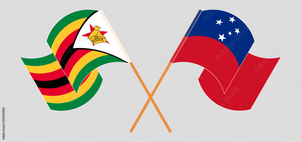 Crossed and waving flags of Zimbabwe and Samoa