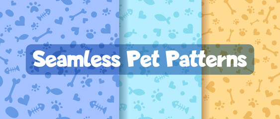 Gardinen Tiermuster Set of seamless patterns and backgrounds with paw prints, hearts, bones and fish. Abstract vector illustration for pet shop websites and prints, social media posts, animal product design  © Foxelle
