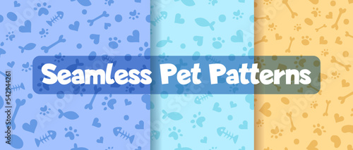 Set of seamless patterns and backgrounds with paw prints, hearts, bones and fish. Abstract vector illustration for pet shop websites and prints, social media posts, animal product design © Foxelle