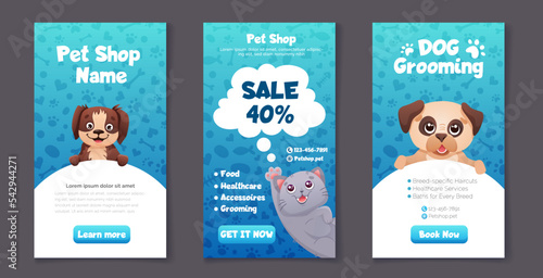 Set of Social media post templates for pet shop, dog grooming and sale promotion. Cute and modern design with dogs, cat and paw print patterns. Vector cartoon illustration for flyers, web pages.