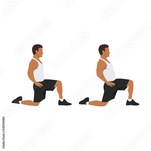 Man doing kneeling hip flexor stretch exercise. Flat vector illustration isolated on white background