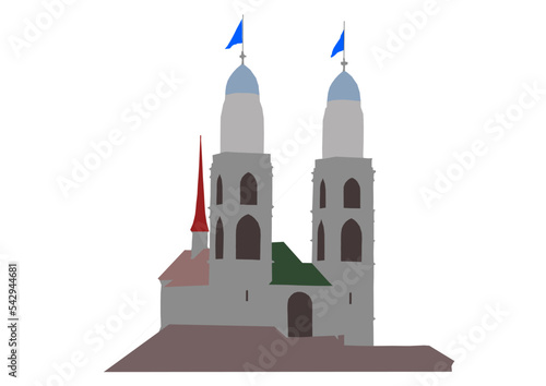 Famous protestant church Great Minster at City of Zürich at the medieval old town. Illustration made November 2nd, 2022, Zurich, Switzerland.