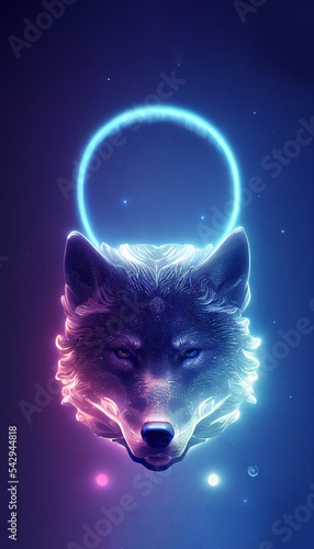 Fényképezés Neon wolf and portal illustration
