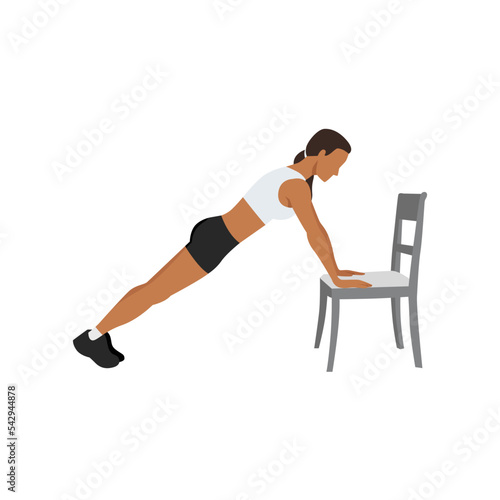Woman doing Incline plank on chair exercise. Flat vector illustration isolated on white background