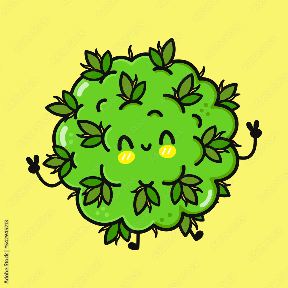 Cute funny jumping marijuana weed. Vector hand drawn cartoon kawaii ...