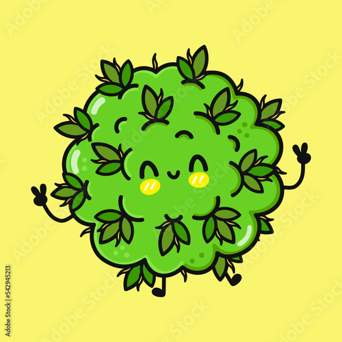 Cute funny jumping marijuana weed. Vector hand drawn cartoon kawaii character illustration icon. Isolated on yellow background. Marijuana weed character concept