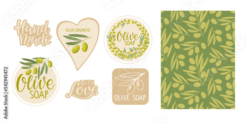 Vector set labels for olive cosmetics. Labels for handmade natural, organic cosmetics, soap and beauty products and seamless olive sketch pattern. Design of packaging Olive cosmetics for business